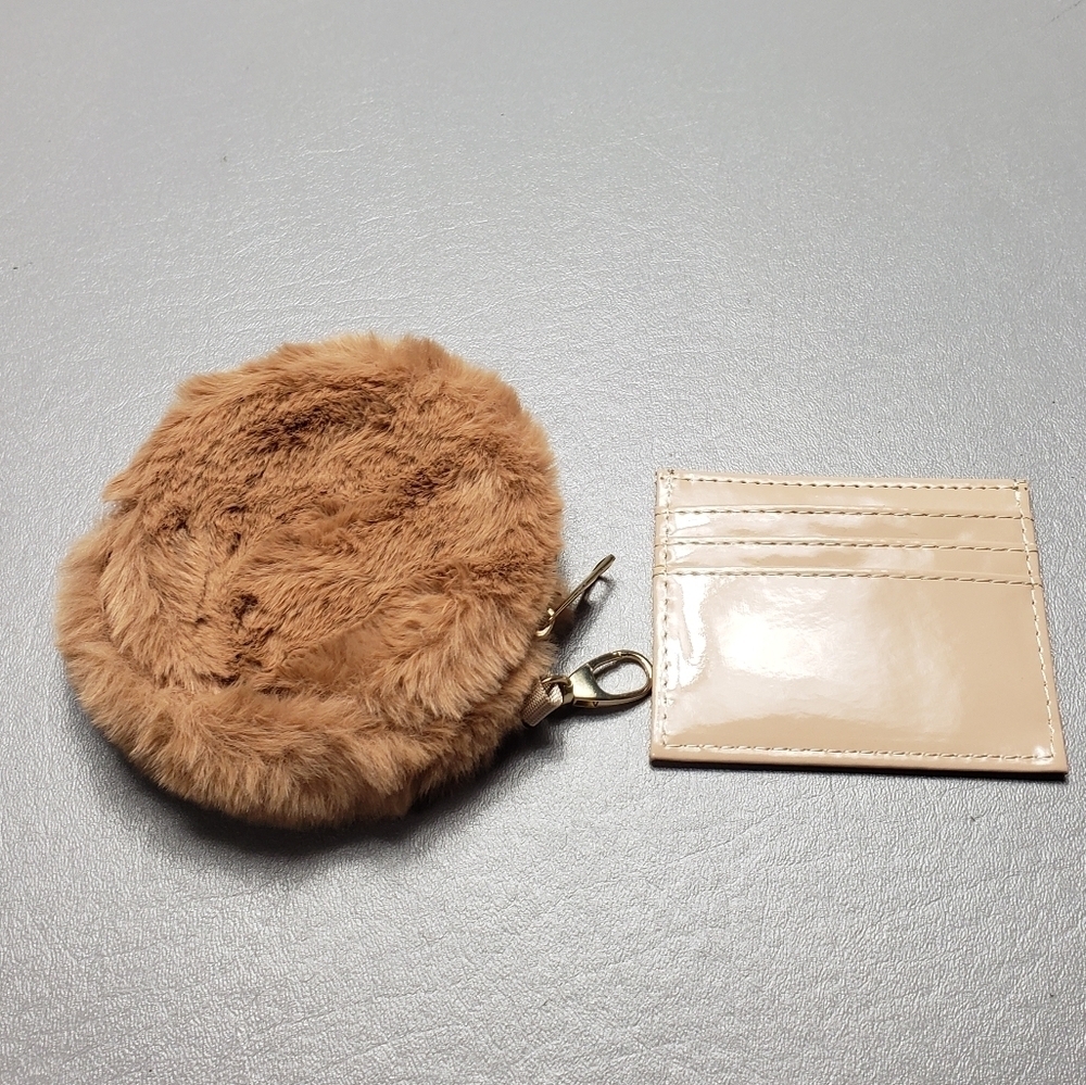 bundle lot of 2 key chain faux fur round bag and 3 slot card holder